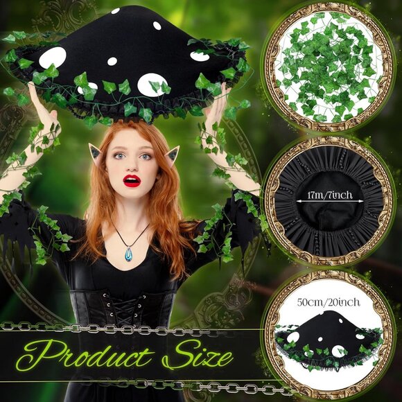 Black Polka Dot Witch Hat with Green Ivy Accent - Women\'s Costume Accessory